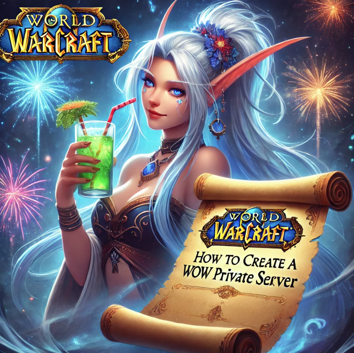 A female World of Warcraft character holding a green drink and a scroll that explains how to build your own WoW private server