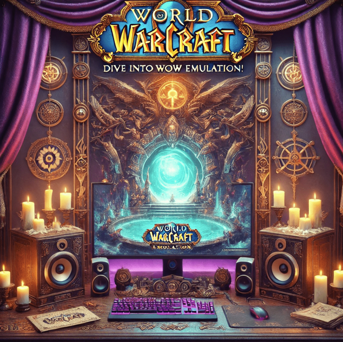 A highly detailed digital painting of a gaming setup inspired by World of Warcraft, featuring a large ornate computer monitor displaying a fantasy scene with a glowing portal, intricately decorated speakers, candles, and a  keyboard on a wooden desk, fantasy, magical, epic